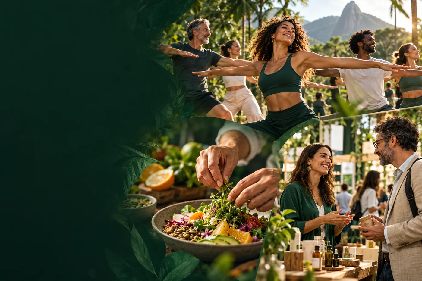 Composição ilustrativa de movimento, alimentação saudável e conexões entre profissionais